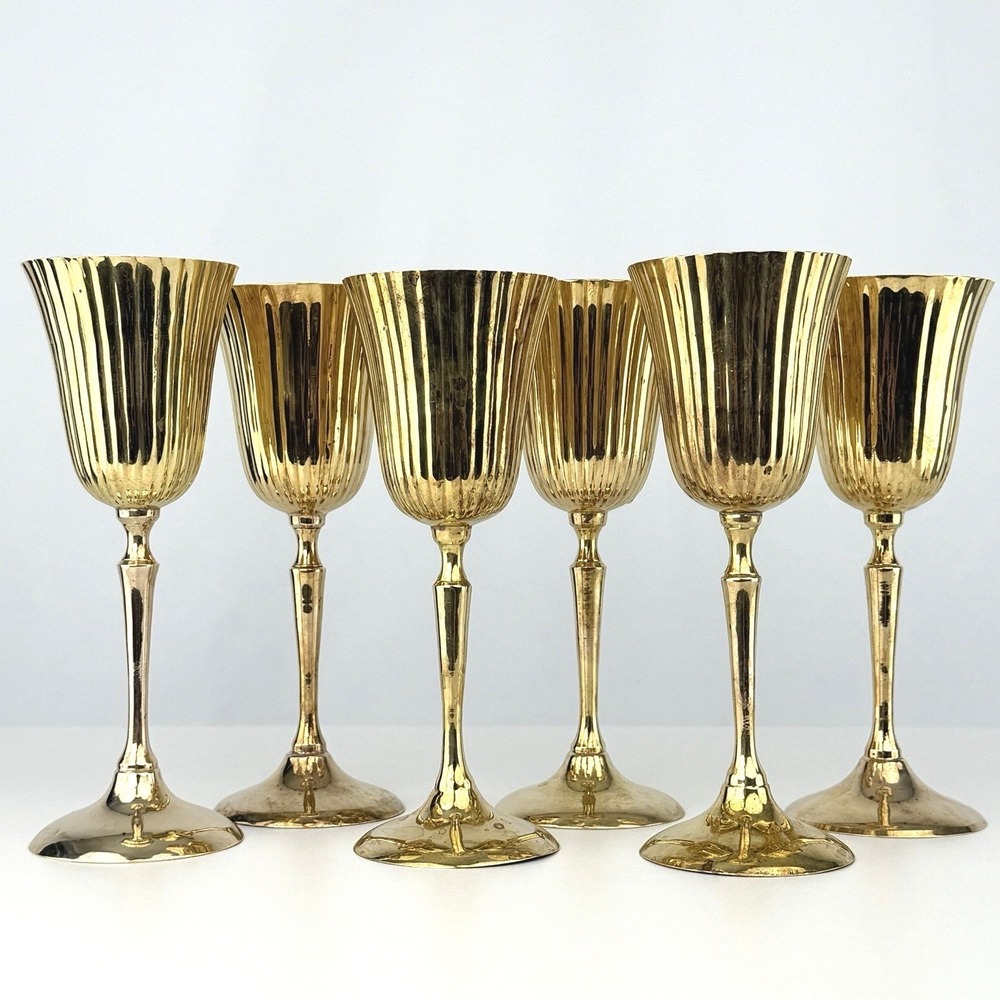 Vintage Brass Goblets Set of 6 Ribbed Fluted Chalice Cups 7"